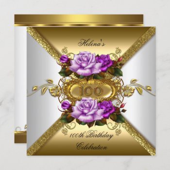 100th Birthday Party Elegant Roses Purple Gold Invitation by Zizzago at Zazzle