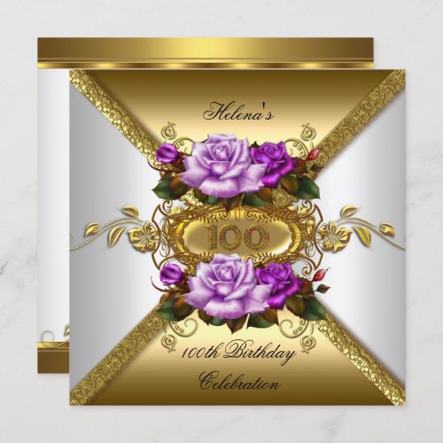 100th Birthday Party Elegant Roses Purple Gold Invitation