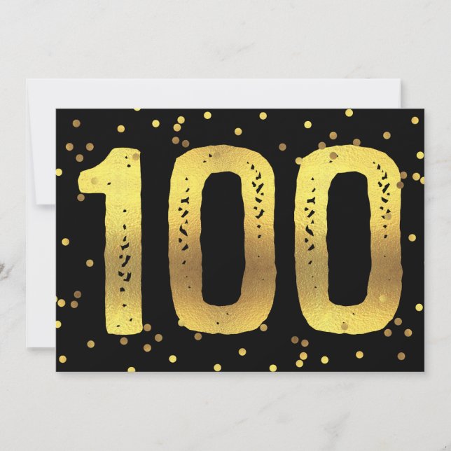 100th Birthday Party Faux Gold Foil Confetti Black Invitation (Front)