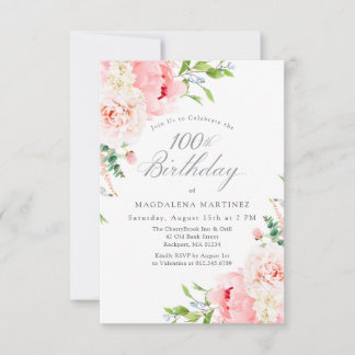 100th Birthday Party Feminine Pink Roses Floral Invitation