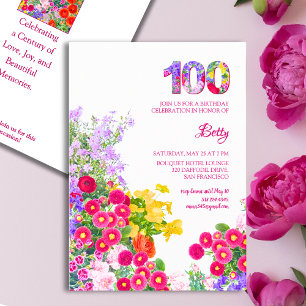 100th birthday party floral flowers modern 100 invitation
