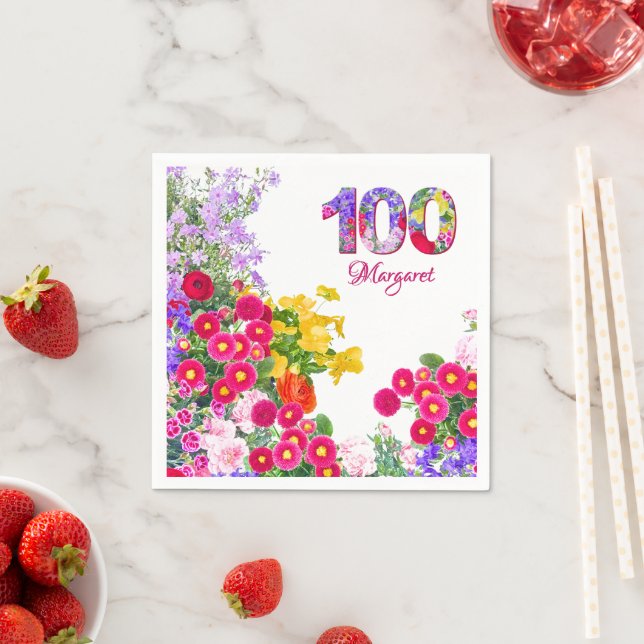 100th Birthday Party Floral Flowers Modern 100 Napkins (Insitu)