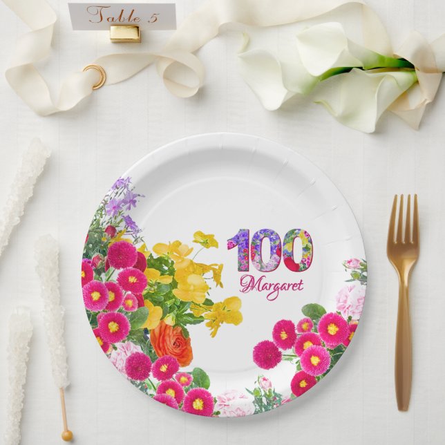 100th Birthday Party Floral Flowers Modern 100 Paper Plates (Wedding)