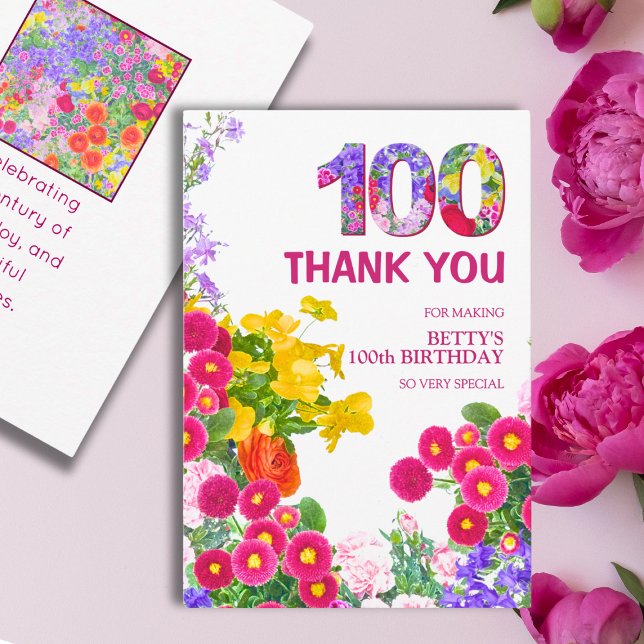 100th Birthday Party Floral Flowers Modern 100 Thank You Card (Creator Uploaded)
