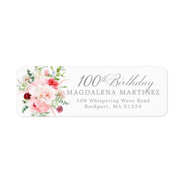 100th Birthday Party Floral Return Address Label (Front)