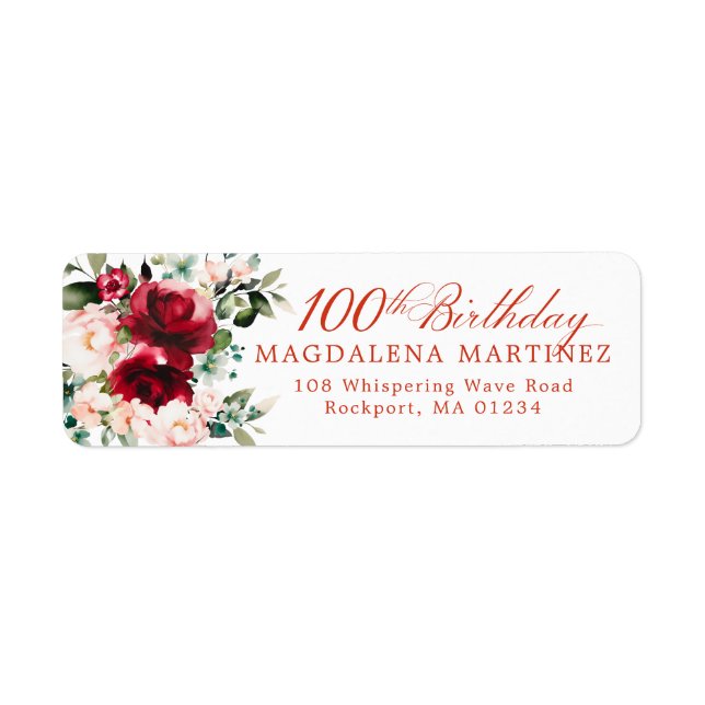 100th Birthday Party Floral Return Address Label (Front)
