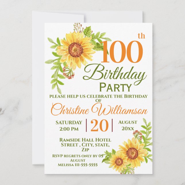 100th Birthday Party Floral Sunflower Invitation (Front)