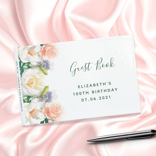 100th birthday party florals white peach pink guest book
