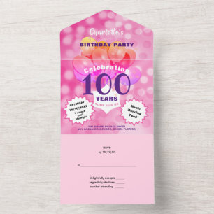 100th Birthday Party Glam Sparkle Glitz Pink All In One Invitation