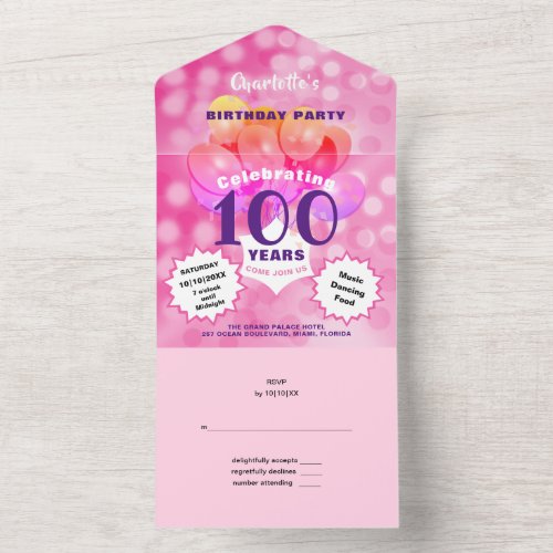 100th Birthday Party Glam Sparkle Glitz Pink All In One Invitation