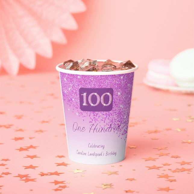 100th Birthday Party Gleaming Pink Glitter Paper Cups (Insitu)