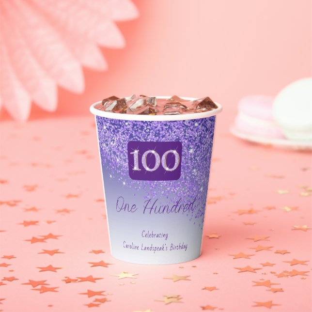 100th Birthday Party Gleaming Purple Glitter Paper Cups (Insitu)