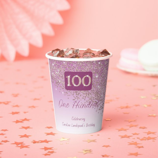 100th Birthday Party Gleaming Rose Gold Glitter Paper Cups (Insitu)