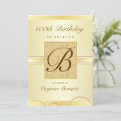 100th Birthday Party Gold Damask Monogram Invitation (Standing Front)