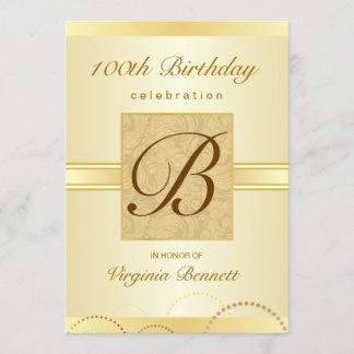 100th Birthday Party Gold Damask Monogram Invitation