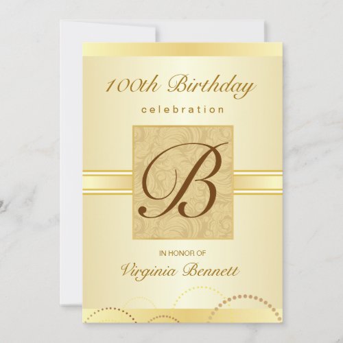 100th Birthday Party Gold Damask Monogram Custom Invitation