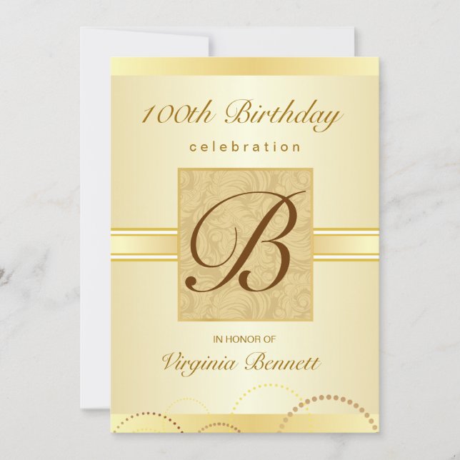 100th Birthday Party Gold Damask Monogram Invitation (Front)
