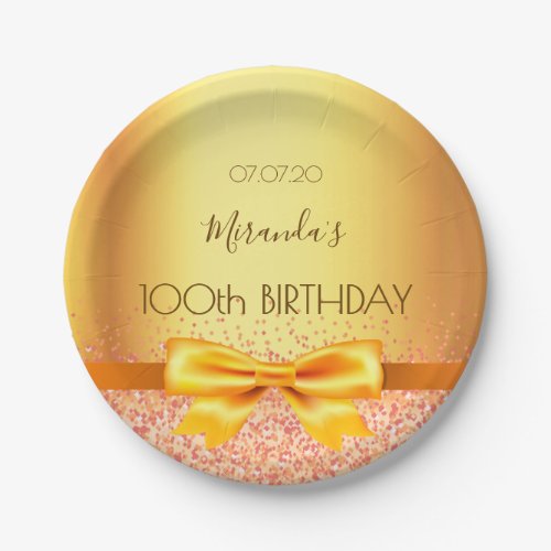 100th birthday party gold elegant bow name paper plates