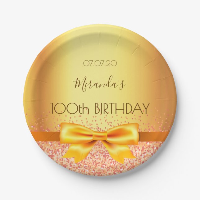 100th birthday party gold elegant bow name paper plates (Front)