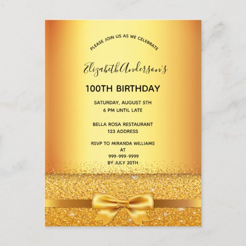 100th birthday party gold metallic invitation