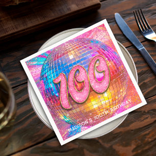 100th Birthday Party Gold Pink Glitter Disco Ball Napkins