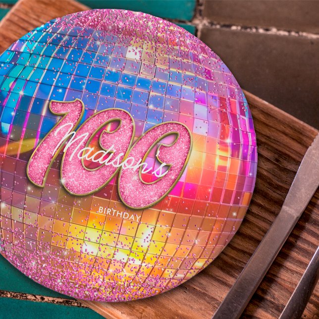 100th Birthday Party Gold Pink Glitter Disco Ball Paper Plates (Creator Uploaded)