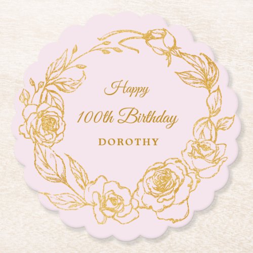 100th Birthday Party Gold Rose Blush Pink Paper Coaster
