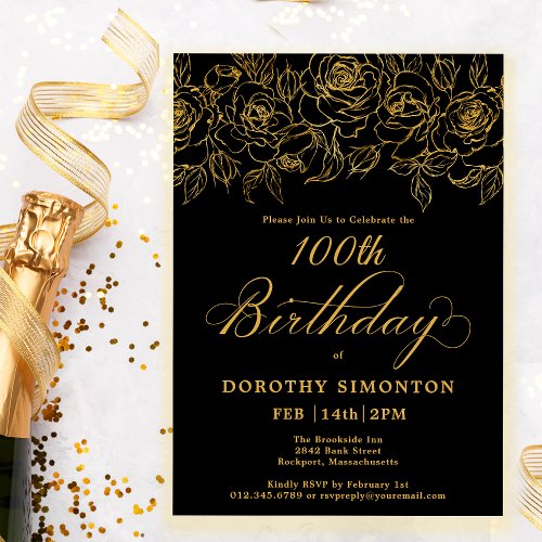 100th Birthday Party Gold Rose Floral Black Invitation