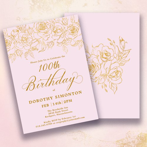 100th Birthday Party Gold Rose Floral Blush Pink Invitation