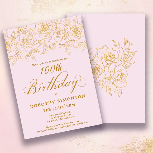 100th Birthday Party Gold Rose Floral Blush Pink Invitation (Creator Uploaded)