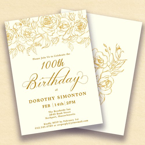 100th Birthday Party Gold Rose Floral Ivory White Invitation