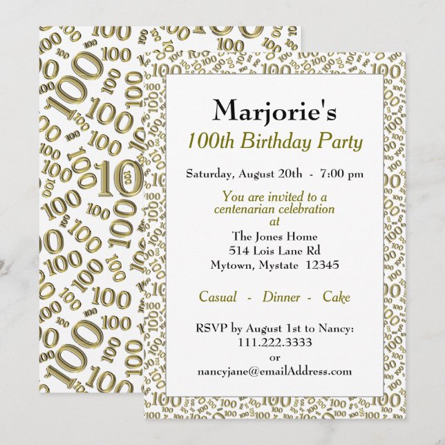 100th Birthday Party Gold/White Number Pattern Invitation (Front/Back)