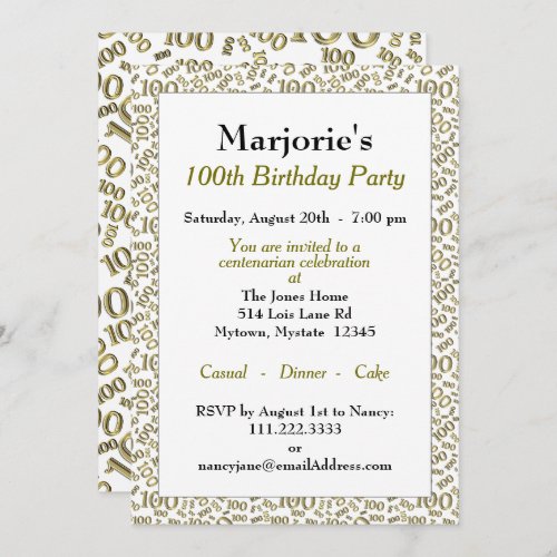 100th Birthday Party GoldWhite Number Pattern Invitation