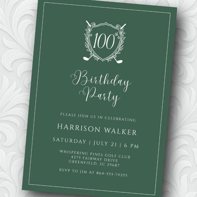 100th Birthday Party Golf Crest Elegant Script Invitation (Rich green tones for a polished, upscale feel.)