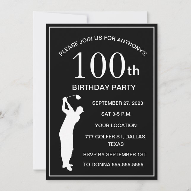 100th Birthday Party Golfer Black Par Adult Golf Invitation (Front)