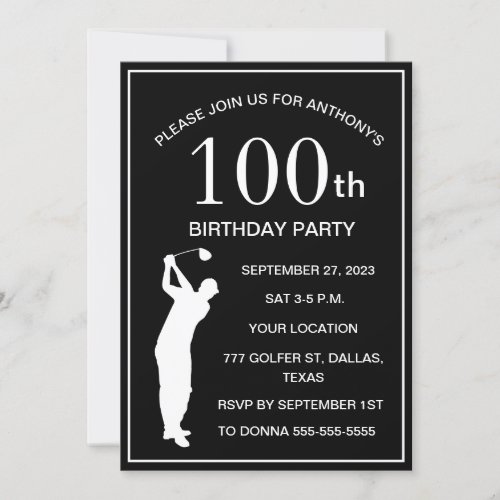100th Birthday Party Golfer Black Par Adult Golf Invitation