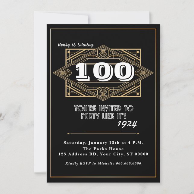 100th Birthday Party, Great Gatsby, Art Deco Invitation (Front)