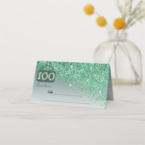 100th Birthday Party Green Glitter Place Card