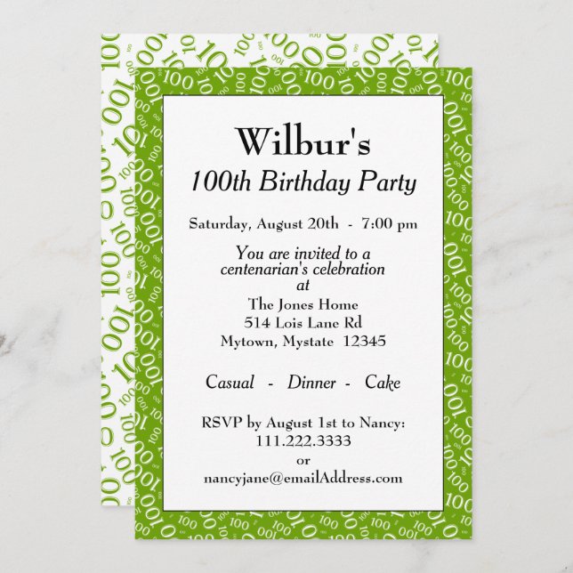 100th Birthday Party Green/White Number Pattern Invitation (Front/Back)