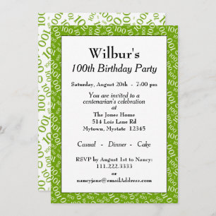 100th Birthday Party Green/White Number Pattern Invitation