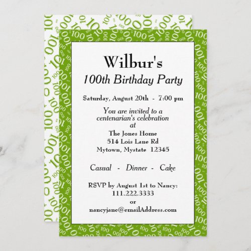 100th Birthday Party GreenWhite Number Pattern Invitation