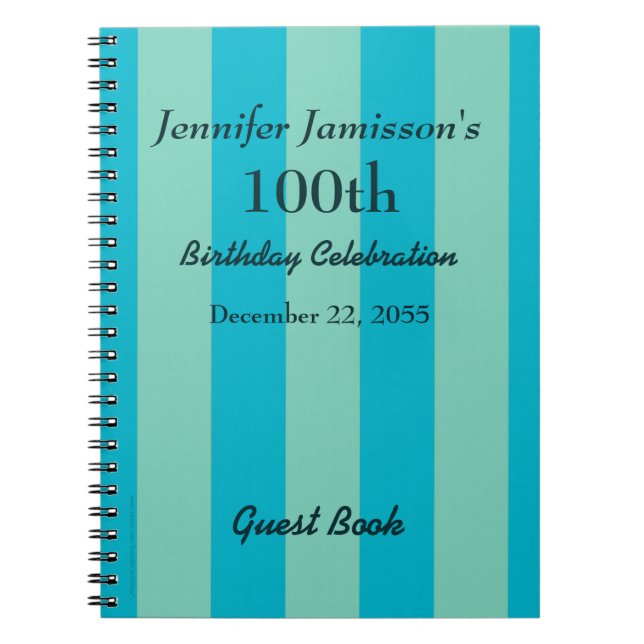 100th Birthday Party Guest Book Blue/Green Stripe  (Front)