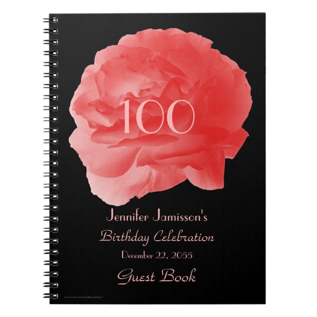 100th Birthday Party Guest Book, Coral Rose Petals Notebook (Front)