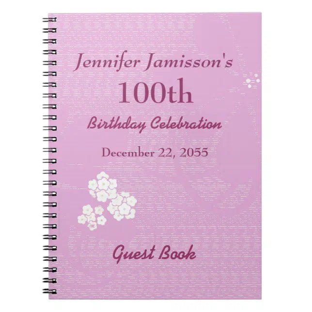 100th Birthday Party Guest Book Pink, White Floral Zazzle