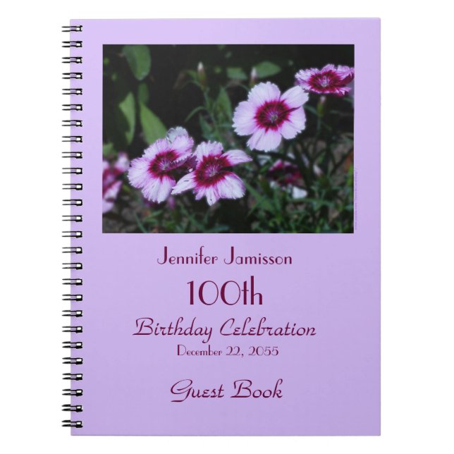 100th Birthday Party Guest Book, Purple Flowers Notebook (Front)