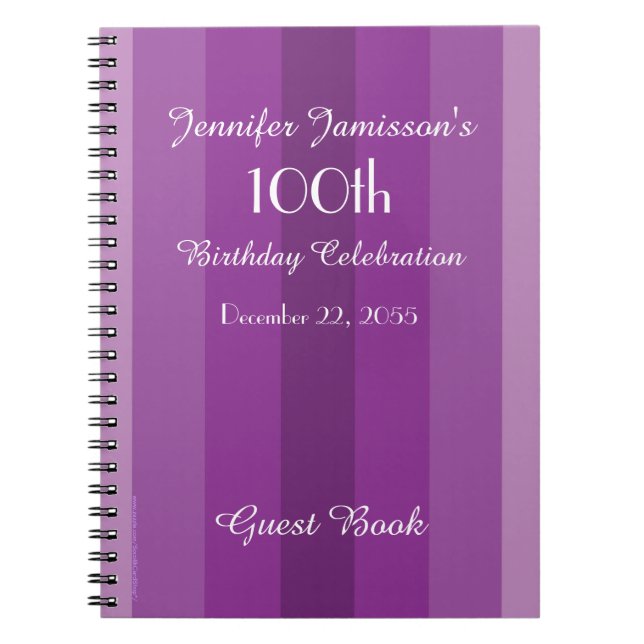 100th Birthday Party Guest Book Purple Notebook (Front)