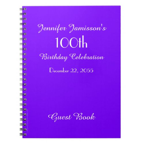 100th Birthday Party Guest Book Purple Notebook