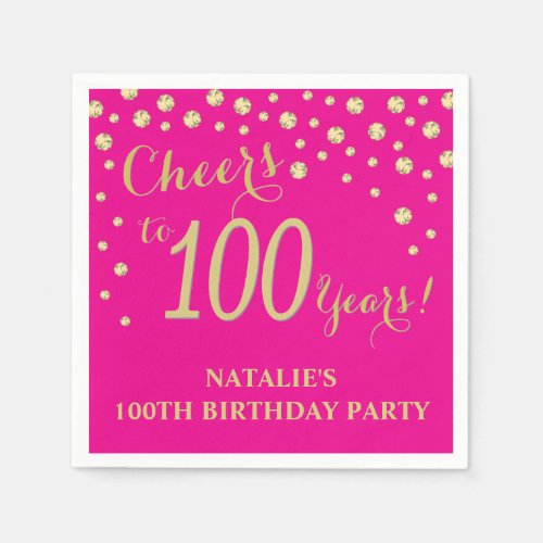 100th Birthday Party Hot Pink and Gold Diamond Napkins