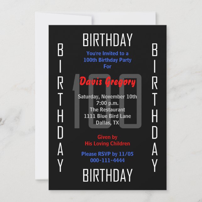 100th Birthday Party Invitation 100 (Front)