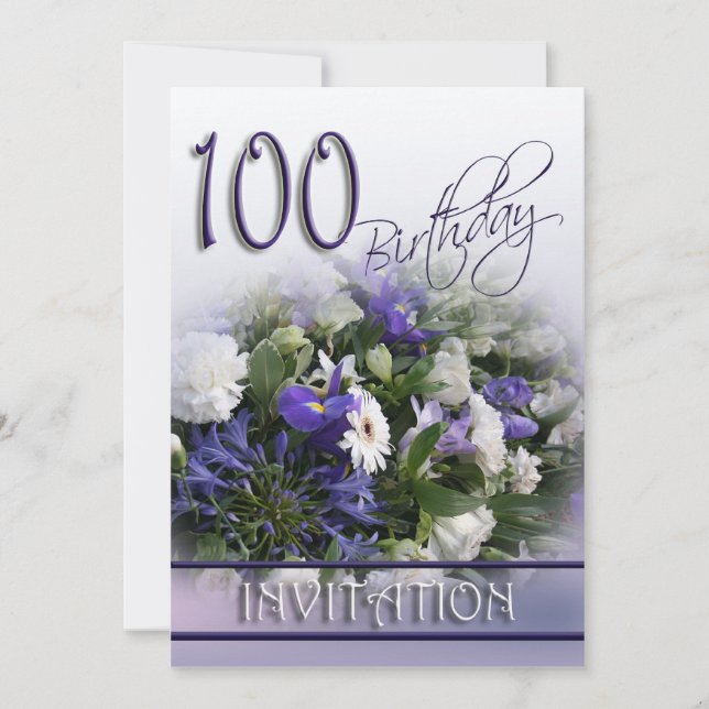 100th Birthday Party Invitation - Blue Bouquet (Front)